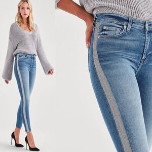 7 For All Mankind High Waist Ankle Skinny Jeans With Silver Shimmer Side Stripe